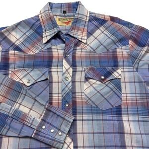 Youngbloods Shirt Men Medium Blue Plaid Western Pearl Snap Cowboy Rodeo Workwear